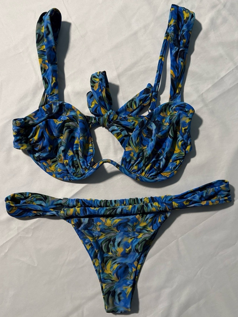 Blue Floral Underwire Bikini Set with Tie-Back Top